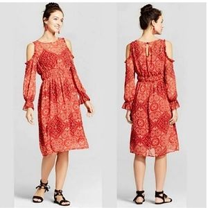 Knox Rose Red Cold Shoulder Elastic Waist Midi Boho Dress Size XS